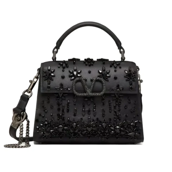 شنطة مرصعة بالكريستال فالانتينو v لوغو لون أسود فاخرة