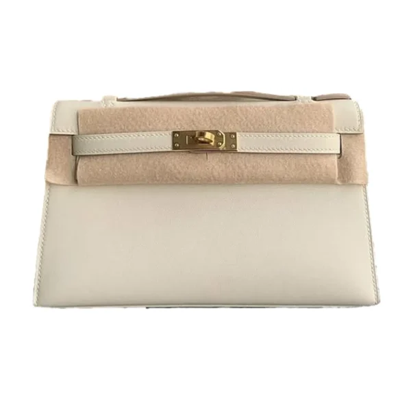 شنطه جلد باوتش هيرميس كيلي بلون أبيض بمعدن ذهبي