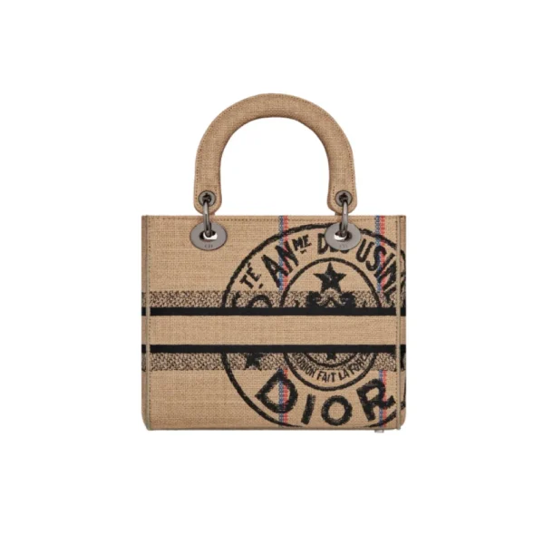 شنطة ديور قماش جوت بيج مطرزة أسود مقابض قماشية